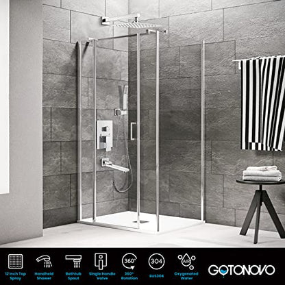 gotonovo Tub Shower Faucet Set with Valve Kit 12’’ Head,Polished Chrome | Shower System with Tub Spout,SUS304 Rain Head with Handheld Sprayer,Swivel Spout,All Metal,Rough-In Valve Trim Kit,Wall Mount - color: Chrome, size: 12’’ Head