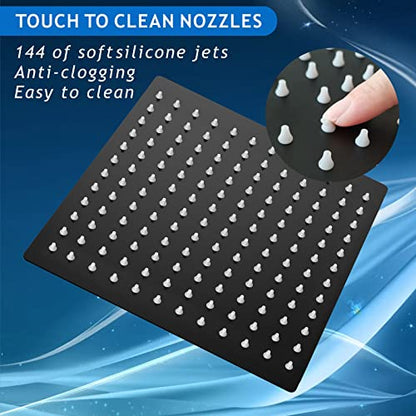 Voolan All Metal Shower Head with Extension Arm, Stainless Steel Waterfall Rainfall Showerheads, High Flow Bathroom Square Rain Shower Head (12’’ Shower Head with 16’’ Shower Arm, Black) - color: Matte Black, size: 12’’ Shower Head with 16’’ Shower Arm