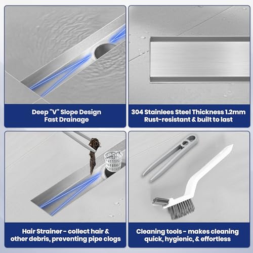 Linear Shower Drain 24 inch with 2-in-1 Flat & Tile Insert Cover - Brushed 304 Stainless Steel Shower Floor Drain - Linear Drain with Reversible Cover & Hair Catcher - Includes Cleaning Tools - color: Brushed Stainless Steel