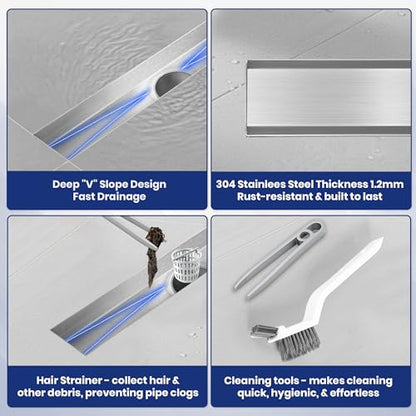 Linear Shower Drain 24 inch with 2-in-1 Flat & Tile Insert Cover - Brushed 304 Stainless Steel Shower Floor Drain - Linear Drain with Reversible Cover & Hair Catcher - Includes Cleaning Tools - color: Brushed Stainless Steel