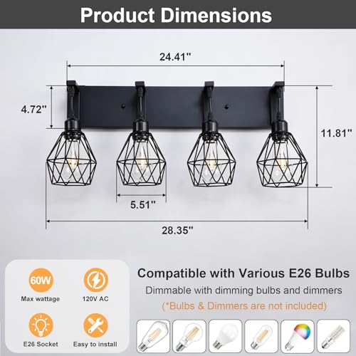 Somniferous 4 Light Bathroom Vanity Light, Farmhouse Bathroom Light Fixtures Over Mirror, Black Vanity Light with Caged Metal Shade, Rustic Wall Light Fixture for Bedroom, Living Room, E26 Socket - size: 4-Light