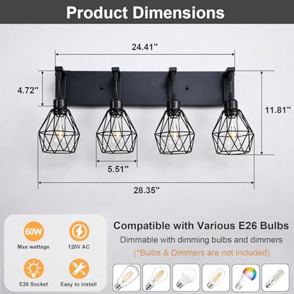 Somniferous 4 Light Bathroom Vanity Light, Farmhouse Bathroom Light Fixtures Over Mirror, Black Vanity Light with Caged Metal Shade, Rustic Wall Light Fixture for Bedroom, Living Room, E26 Socket - size: 4-Light