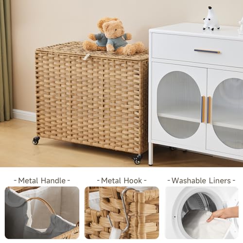 Laundry Hamper with Wheels, 60.72 Gallon(230L) Rolling Laundry Basket with Lid, Removable Large 3 Color Liners & 3 Mesh Laundry Bags, Clothes Hamper with Side Pocket, Natural - color: Natural, size: 35.43"L x 15.75"W x 25.6"H
