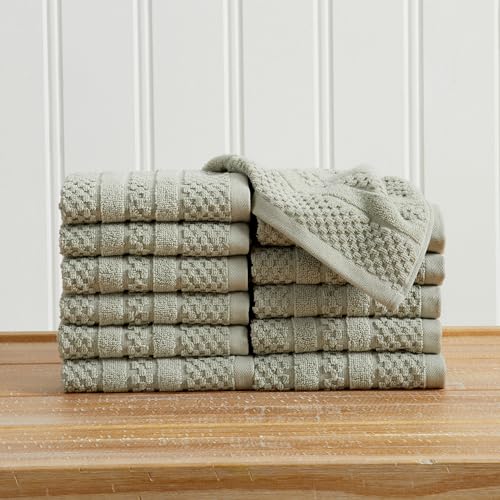 Great Bay Home 100% Cotton 12 Pack Washcloth Set - Absorbent, Quick-Drying, Checkered Jacquard Bath Towels for Bathroom - Zero-Twist Fibers (Eucalyptus) - color: Eucalyptus, size: Washcloth (Pack of 12)