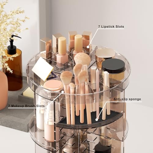 Jiavarry 360 Rotating Makeup Organizer with DIY 8 Adjustable Height, Brown | Spinning Skincare, Lipstick Slots, Brush and Perfume Storage, for Vanity Bathroom Countertop - color: Slot Top Brown