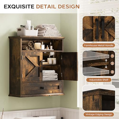 Bathroom Wall Cabinet, Wall Mounted Medicine Cabinet 24.4"H x 23.6"W x 9"D | With Drawer, Barn Doors & Adjustable Shelf, Rustic Brown Over Toilet Farmhouse Cabinet for Kitchen, Laundry Room, Entryway - color: Rustic Brown