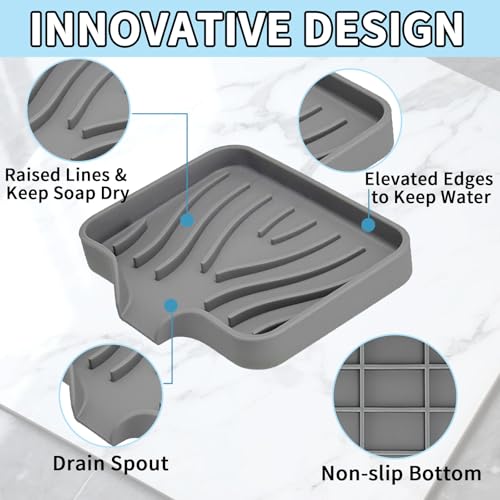 2 Pack Silicone Soap Dish with Drain, Self Draining Bar Soap Holder for Shower, Silicone Dish Soap Tray, Bathroom and Kitchen Sink Organizer, Grey - color: Grey