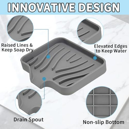 2 Pack Silicone Soap Dish with Drain, Self Draining Bar Soap Holder for Shower, Silicone Dish Soap Tray, Bathroom and Kitchen Sink Organizer, Grey - color: Grey