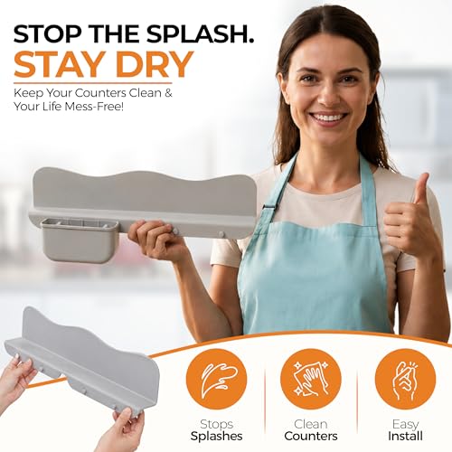 MACMED Silicone Sink Splash Guard with Sponge Holder for Kitchen Sink,19.5" | Water Splash Guard for Kitchen Sink, Faucet, Bathroom Tubs & Countertop Protector – Water Backsplash Guard - Grey Color