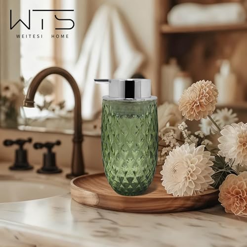 Glass Foaming Soap Dispenser, 10.5oz Foaming Pump Bottle with Silvery Pump for Bathroom, Kitchen, Refillable Bathroom Lotion Container Pump Bottle with Vintage Pattern, Green