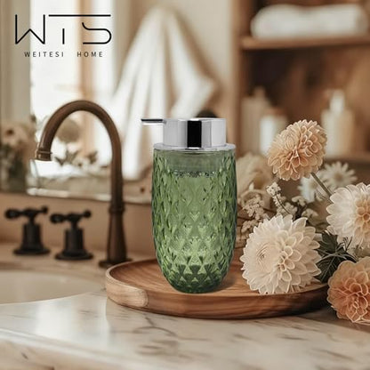 Glass Foaming Soap Dispenser, 10.5oz Foaming Pump Bottle with Silvery Pump for Bathroom, Kitchen, Refillable Bathroom Lotion Container Pump Bottle with Vintage Pattern, Green