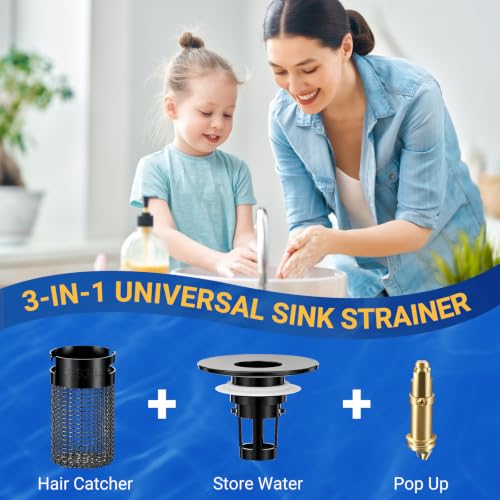 Bathroom Sink Drain Strainer, Pop-Up Bathroom Sink Stopper with Removable Stainless Steel Hair Catcher Basket, Universal Fit for US Bathroom Sinks, Showers & Floor Drains (1pcs-Black) - color: 1pcs-black