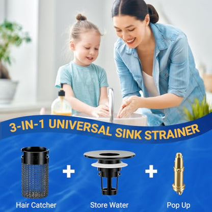 Bathroom Sink Drain Strainer, Pop-Up Bathroom Sink Stopper with Removable Stainless Steel Hair Catcher Basket, Universal Fit for US Bathroom Sinks, Showers & Floor Drains (1pcs-Black) - color: 1pcs-black