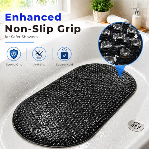 Bath Bliss Jumbo Oval Bath Mat 18x36 Black Color | Non-Slip Aqua Gel Bathtub Mat with Suction Cups | Anti-Slip Shower Safety Mat with Drain Holes