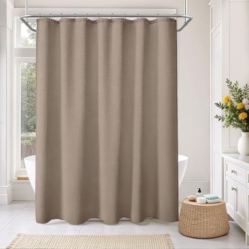 Waffle Weave Shower Curtain Heavyweight Cotton Fabric Beige 72Wx72L | Soft Cotton Cloth,3D Square Truely Waffle Washable, Hotel Luxury Spa, Shower Curtain Set for Bathroom 12 Plastic Hooks - color: Beige, size: Standard 72"W X 72"L