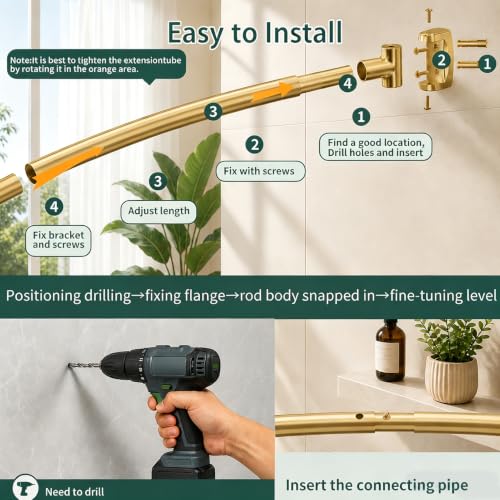 Gold Curved Shower Curtain Rod for Bathroom Bathtub 33-78 In Adjustable Curved Shower Rod, RustProof Stainless Steel Round Shower Rods for Stall,Extra Shower Space Expandable Need Drilling - color: Gold