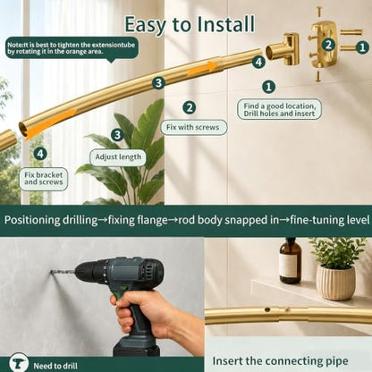 Gold Curved Shower Curtain Rod for Bathroom Bathtub 33-78 In Adjustable Curved Shower Rod, RustProof Stainless Steel Round Shower Rods for Stall,Extra Shower Space Expandable Need Drilling - color: Gold