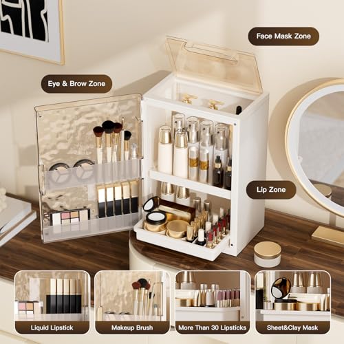 Makeup Organizer with Drawers and Lid, Large Skincare Organizer for Vanity, Dustproof Cosmetic Organizer and Makeup Storage Box with Brush Holder for Dresser, Bathroom Countertop
