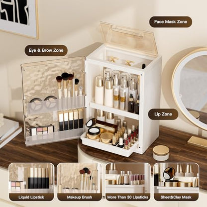 Makeup Organizer with Drawers and Lid, Large Skincare Organizer for Vanity, Dustproof Cosmetic Organizer and Makeup Storage Box with Brush Holder for Dresser, Bathroom Countertop