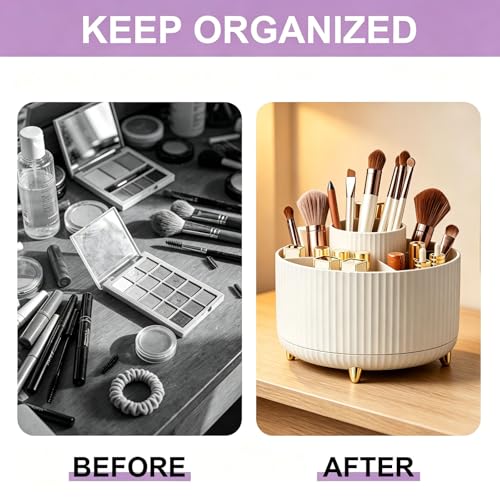 360 Rotating Makeup Brush Holder Organizer, 5-Slot Spinning Cosmetics Cup for Makeup Brushes, Nail Polish & Art Supply, Bathroom Vanity Desktop Caddy, Beige