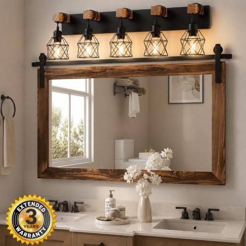 Farmhouse Vanity Light Fixture,5-Light Bathroom Lighting,Black Industrial Wood Wall Light Over Mirror with Metal Shade,LED Bulbs Not Included - color: Black, size: 5-Light-Wide 35"