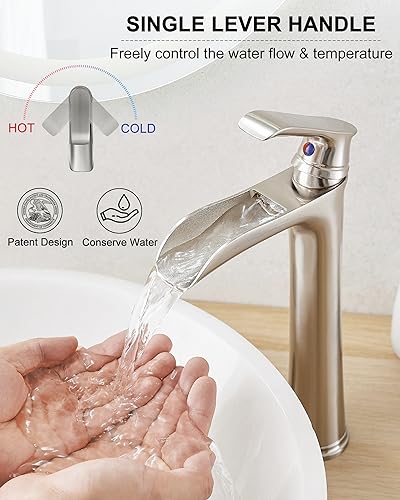 Brushed Nickel Bathroom Faucet Brass Waterfall Faucet for Bathroom Sink, Tall Vessel Sink Faucets, Vanity Faucet 1 Hole Single Handle with Pop-Up Drain Supply Hoses for Lavatory RV Farmhouse - color: Brushed Nickel