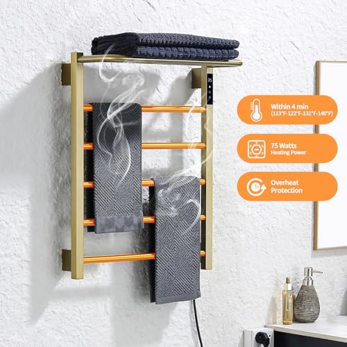 Modern Electric Towel Warmer, Wall Mounted Heated Towel Rack in Brushed Gold, Smart Temperature Control with LED Display