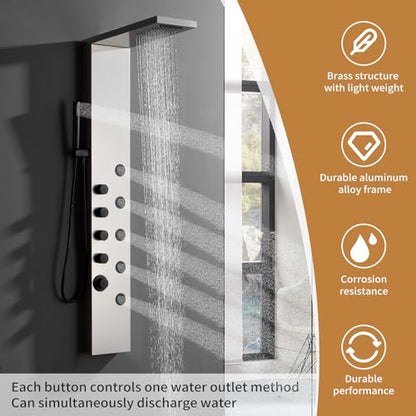 Shower Wall Panel Rainfall Bathroom Shower Tower with 4-Functions, Rainfall Body Massage, Wall Mount Brushed Nickel - color: Brushed Nickel