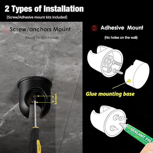 Hand held Shower Wand Holder - All Metal- 2 Ways Installation - Bathroom Wall mounted for Permanent Fixture, Minimal Shower bracket Holder - Matte Black - color: Matte Black