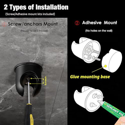 Hand held Shower Wand Holder - All Metal- 2 Ways Installation - Bathroom Wall mounted for Permanent Fixture, Minimal Shower bracket Holder - Matte Black - color: Matte Black
