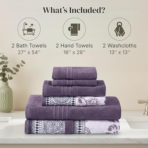 Modern Threads 6 Piece Bath Towel Set – Bathroom Set with 2 Bath Towels, 2 Hand Towels, and 2 Wash Cloths – 100% Cotton, Super Absorbent & Extra Soft – Reversible Floral Trail (Purple) - color: Purple
