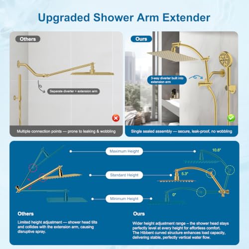 Hibbent Metal 10" High Pressure Rain Shower Head Combo, Brushed Gold | cUPC Certified Rainfall Shower Head with handheld 10 Sprays, 16'' Adjustable Extension Arm, 71'' Hose, Showerhead Holder - color: Brushed Gold, style: Square 10''