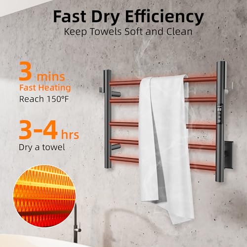 P&Dlusir EL13 Heated Towel Rack, Matte Black, 5 Bar | Fast Heat in 2 Min, Smart Timer, Thermo Control, Memory Functoion, Stainless Steel, Hard-Wired/Plug-in - color: Matte Black, size: 21.65"W x 17.72"H
