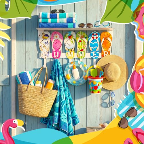 Pool Towel Rack Outdoor with 6 Hooks Summer Beach Wall Hook | 15.7" x 5.1" Wall Mounted Metal Towel Holder, Flip Hanger Hawaiian Rack, for Bathrobes Clothes Bag Swimsuit, Bathroom Decor