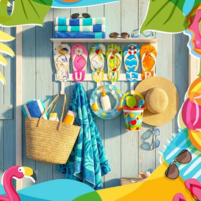 Pool Towel Rack Outdoor with 6 Hooks Summer Beach Wall Hook | 15.7" x 5.1" Wall Mounted Metal Towel Holder, Flip Hanger Hawaiian Rack, for Bathrobes Clothes Bag Swimsuit, Bathroom Decor