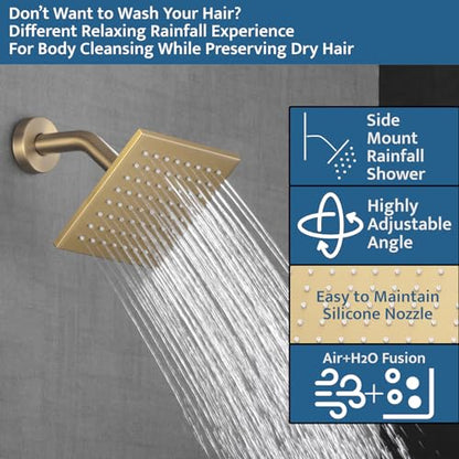 Thermostatic Shower System Brushed Gold, Push Button Diverter Shower Faucet with 2 in 1 Handheld, Ceiling Mount 12 Inch Shower Head with 6 Inch Wall Mount Shower Head - color: Brushed Gold, style: 12 Inch