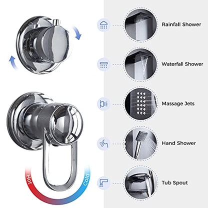 Delavin Multi Fuction Shower Panel, Shower Tower, Rainfall Waterfall Stainless Steel Shower Panel Tower System, Full Body Shower System with Body Jets, Tub Spout, Handheld Shower, Brushed Black | Stainless Steel, Rainfall Waterfall, Body Jets, Tub Spout,