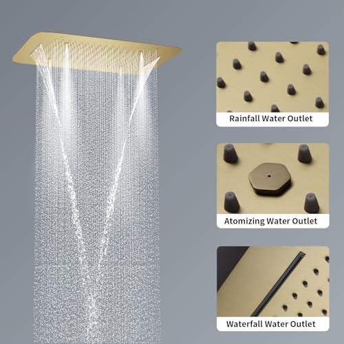 Brushed Gold Shower System with 16 X 24inch Large Triple Function Rain Waterfall Mist Shower Head, Ceiling Shower Faucet Fixtures Set with Thermostatic Shower Valve and 6PCS Shower Body Jets - color: Brushed Gold