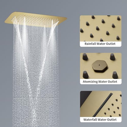 Brushed Gold Shower System with 16 X 24inch Large Triple Function Rain Waterfall Mist Shower Head, Ceiling Shower Faucet Fixtures Set with Thermostatic Shower Valve and 6PCS Shower Body Jets - color: Brushed Gold
