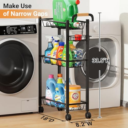 AOODA Laundry Room Cart with Top Detergent Holder, Metal Rolling Storage Cart Between Washer and Dryer, 3 Tier Narrow Laundry Room Organization and Storage with Wheels (Pure Black) - color: Pure Black