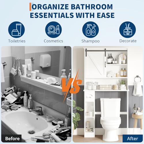 Takywep Over The Toilet Storage Cabinet with 2 Doors, Adjustable Shelf, Toilet Paper Holder and Hooks, Space-Saving Bathroom Organizer for Restroom, Laundry, White