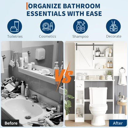 Takywep Over The Toilet Storage Cabinet with 2 Doors, Adjustable Shelf, Toilet Paper Holder and Hooks, Space-Saving Bathroom Organizer for Restroom, Laundry, White