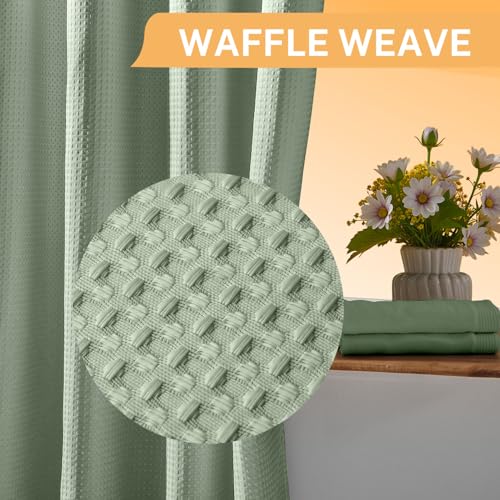 River Dream No Hooks Shower Curtain with 2 Snap in Liner, Green, 71Wx74H | Waffle Weave, 1 Attached Snap in Liner and 1 Extra Replacement Liner, Bathroom Curtains Shower Set, Hotel Grade, Spa Like - color: Green