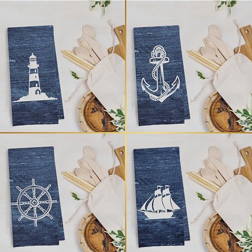 Navy Nautical Dish Towels Set - Navy Nautical Waffle Weave Kitchen Towels, Navy Blue Ocean Themed Hand Tea Towels, Coastal Bathroom Decor (16×24 Inches Set of 4) - color: Nautical D