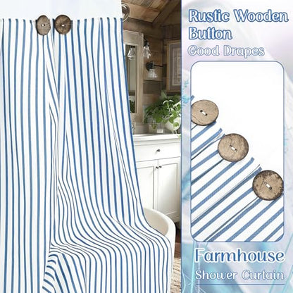ASPMIZ Farmhouse Striped Shower Curtain and Liner Set No Hook, Blue 71x86 | No Hook Shower Curtain with Snap in Liner Fabric, Rustic Washable Waterproof Bathroom Curtains with Button, Mesh Top Window - color: Blue Striped, size: 71"W x 86"L (Pack of 1), s