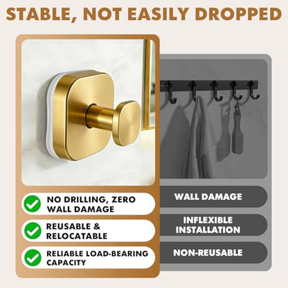 Suction Cup Hooks for Shower,Heavy-duty and No-Drill Waterproof Hook,4 Gold | Suction cup hooks,removable & reusable; no wall damage,fits smooth surfaces,ideal for towels,robes & loofahs - color: Gold