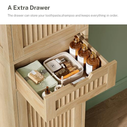 Iwell Tall Narrow Storage Cabinet with 1 Drawer and 2 Doors, Fluted Cabinet with Adjustable Shelves, Rattan Kitchen Cabinet for Bathroom, Living Room, Kitchen, Natural Oak - color: Fluted Natural
