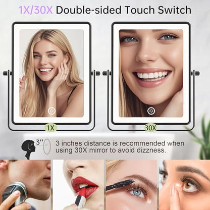 FASCINATE 8.7" 5000mAh Rechargeable Wall Mounted Makeup Mirror (Black) | Double Sided Touch Switch 1X 30X Magnifying Bathroom Mirror, 3 Color Lights, Extended Arm 360°Rotation - color: Black B
