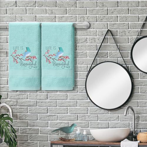SmoothNovelty 2 Pcs Bird Hand Towels Mint Green Bathroom Decor 14x29 Inch Embroidered 100% Cotton Soft Absorbent Spring Summer Decorative Hand Towels for Bathroom Kitchen - style: Bird