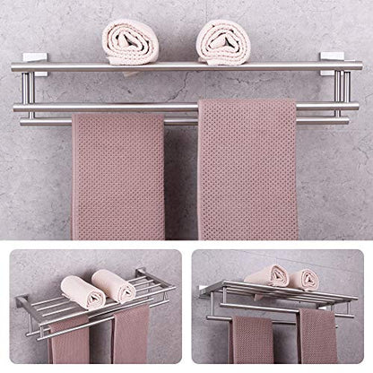 GERZWY Bathroom Lavatory Towel Rack Towel Shelf with Double Towel Bars Wall Mount Holder, 24-Inch SUS 304 Stainless Steel Brushed Finish AG1602B-LS - color: Brushed